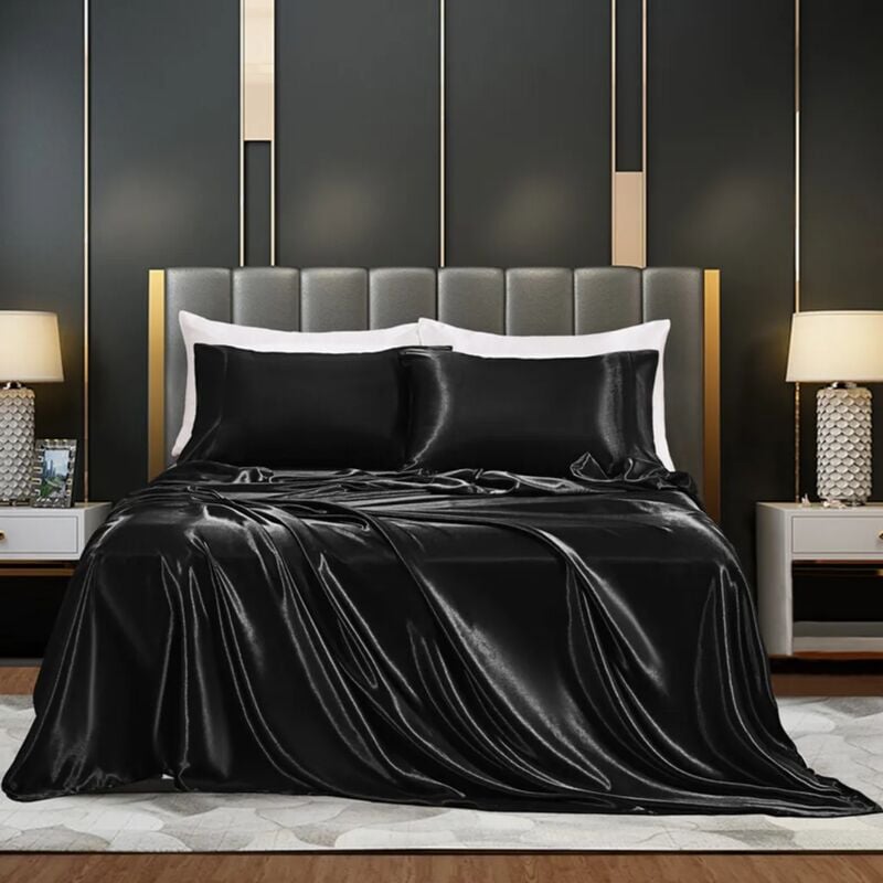 foto del prodotto  198 x 203 36, nero biancheria da letto in raso, set copripiumino in seta da 4 pezzi, set di biancheria da letto in raso con lenzuolo con angoli,