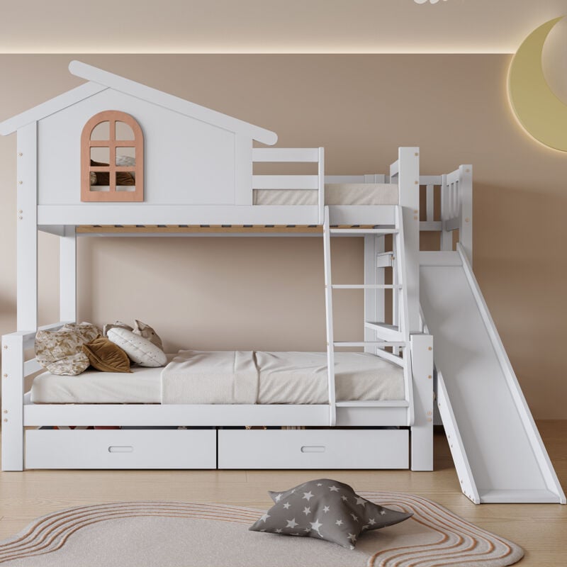 foto del prodotto  30687789waa letto a castello con finestre caratteristiche e scala inclinabile a quattro gradini, letto per bambini e mamma con scivolo, con due