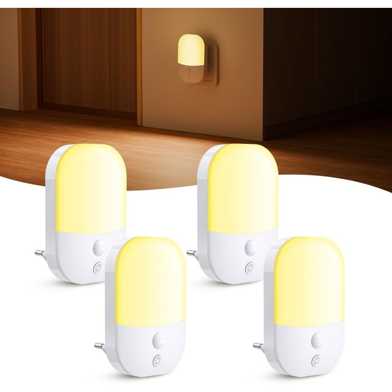 foto del prodotto  4 pezzi luce notturna con sensore crepuscolare, 5 livelli di luminosit , modalit on off auto, bianco caldo 3000k, 0,3 w, luce notturna a led per