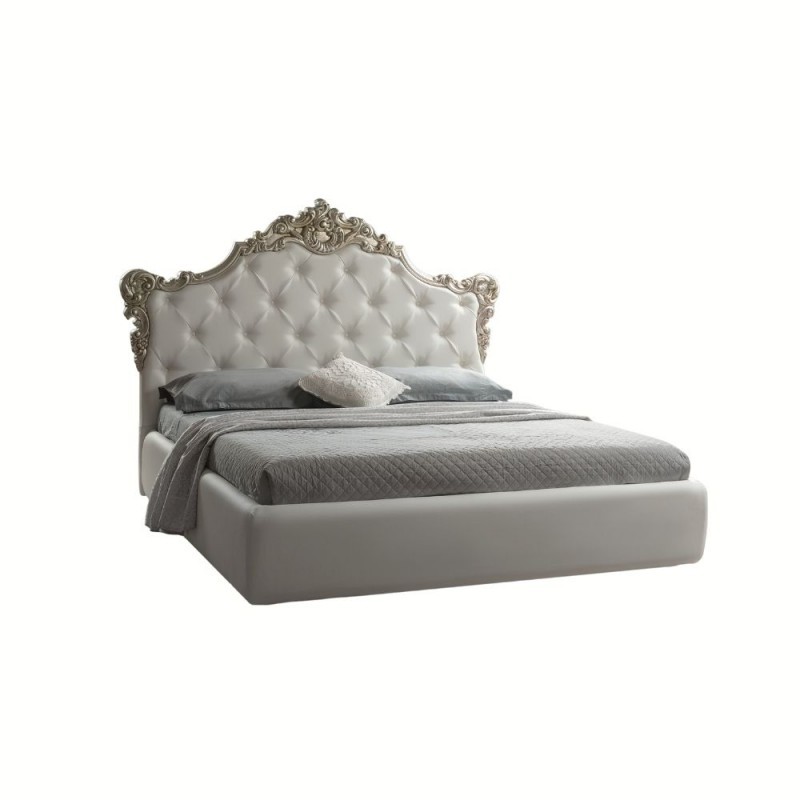 foto del prodotto  6c letto barocco matrimoniale con contenitore in ecopelle savoia bianco argento 194x209x h 140 cm