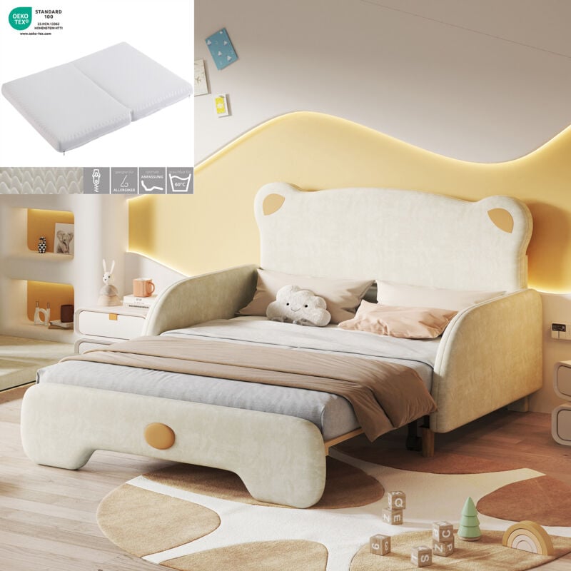 foto del prodotto  con materasso letto matrimoniale a forma di orso, letto imbottito, lettino, chaise longue, letto estraibile, con bordi protettivi morbidi, doghe in