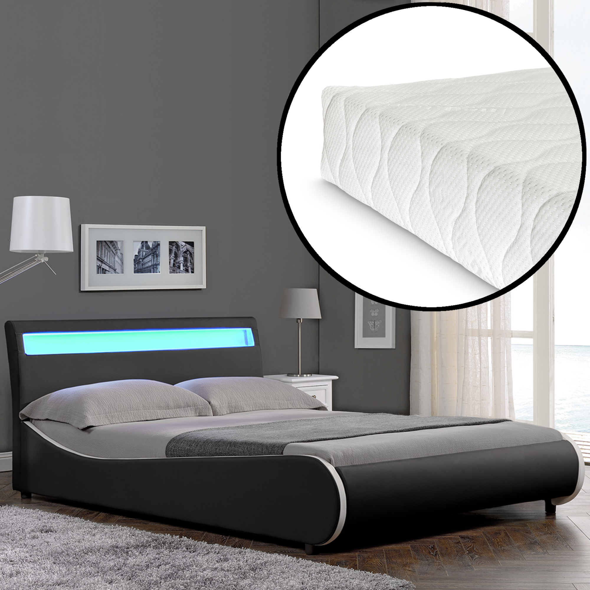 foto del prodotto  corium letto matrimoniale con materasso 180x200 cm testiera alta con illuminazione a led similpelle nero corium