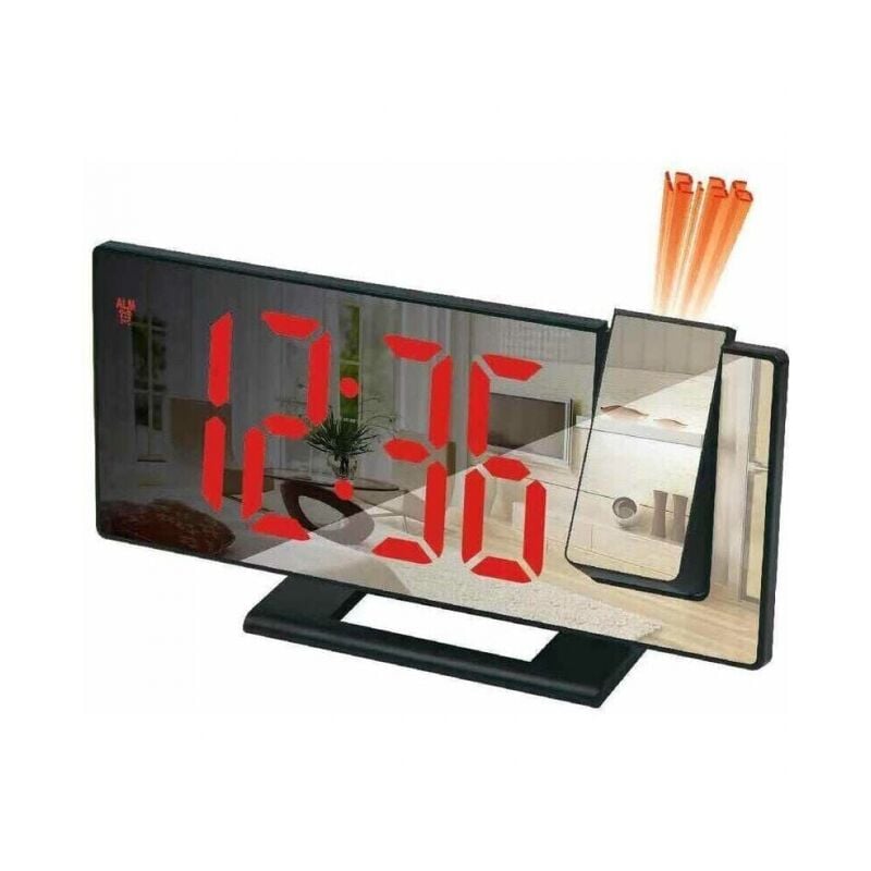foto del prodotto  custodia nera con testo rosso sveglia con proiettore, sveglia con proiezione a 180 , orologio digitale con display a specchio led, porta usb,