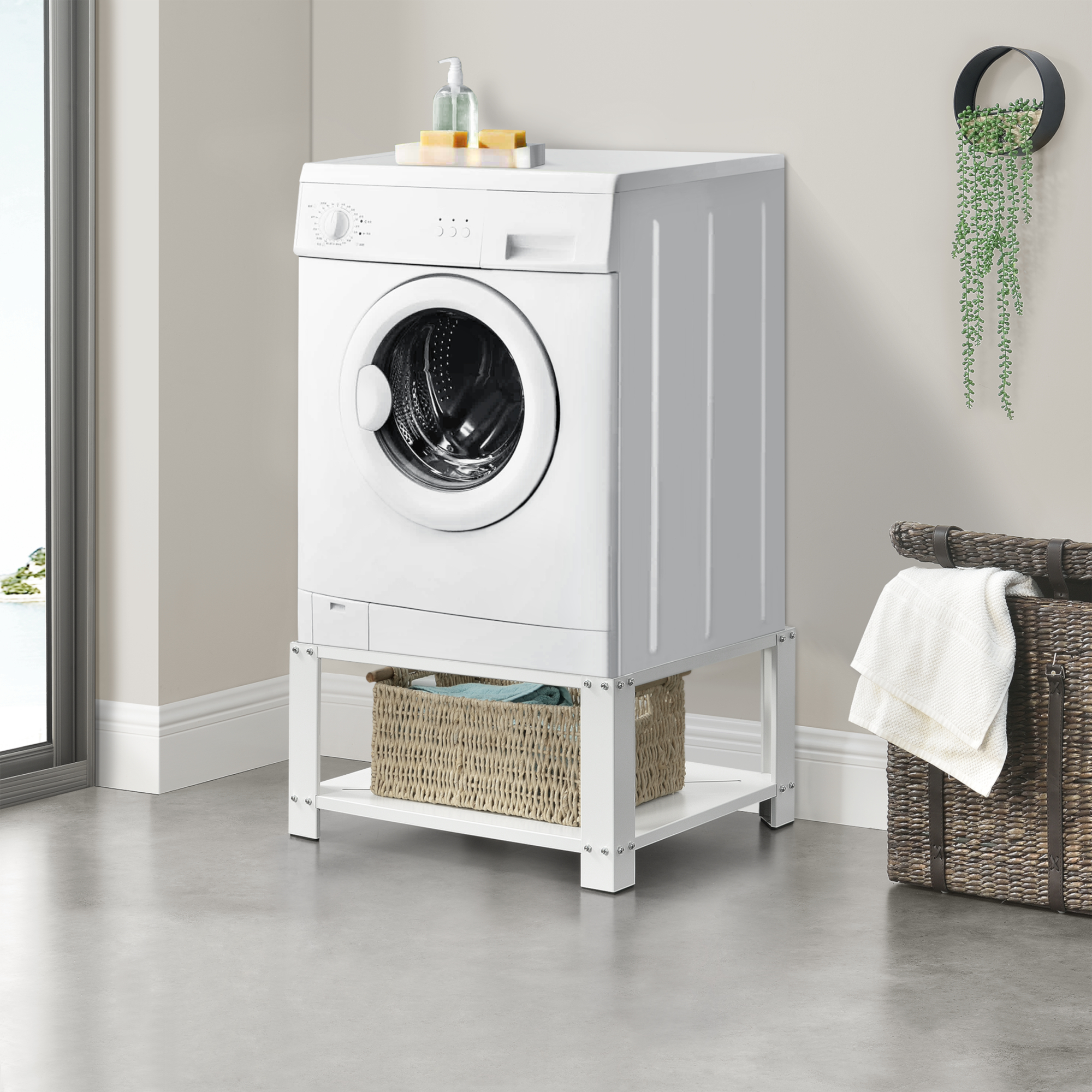 foto del prodotto  en.casa base supporto per lavatrice rialzamento 63 x 54 x 31 cm basamento in acciaio con ripiano carico max.150kg bianco