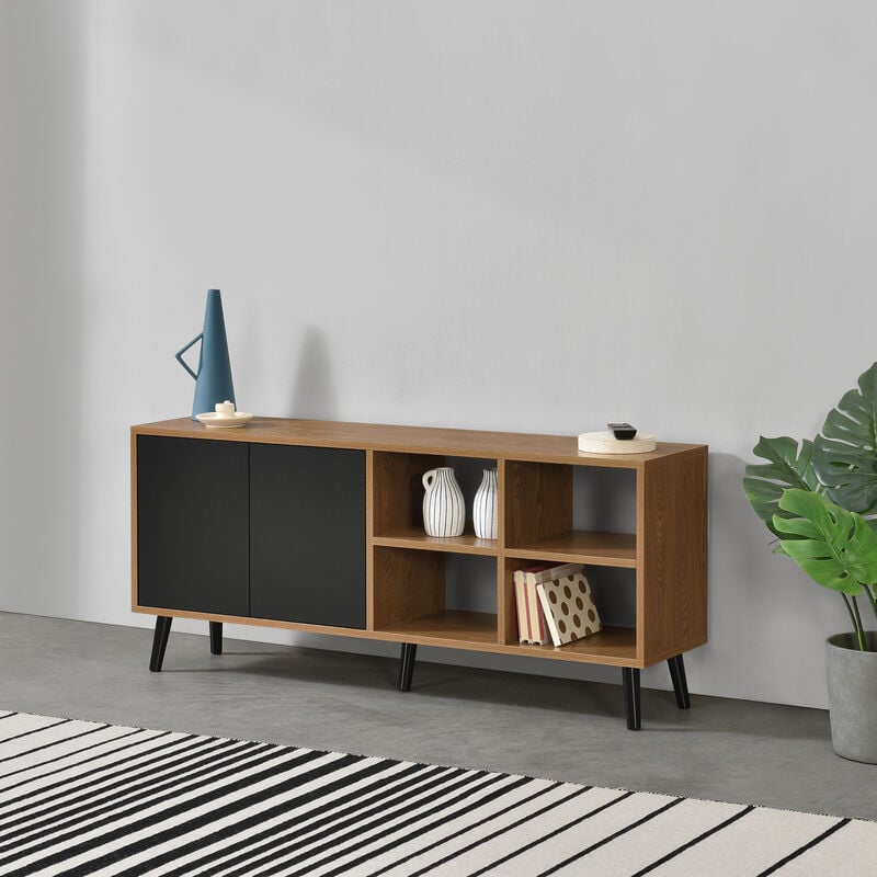 foto del prodotto  en.casa com con 2 ante e 4 scomparti aperti axlaxp 53x120x30 cm apertura push to open, piedini in legno mobiletto multiuso per