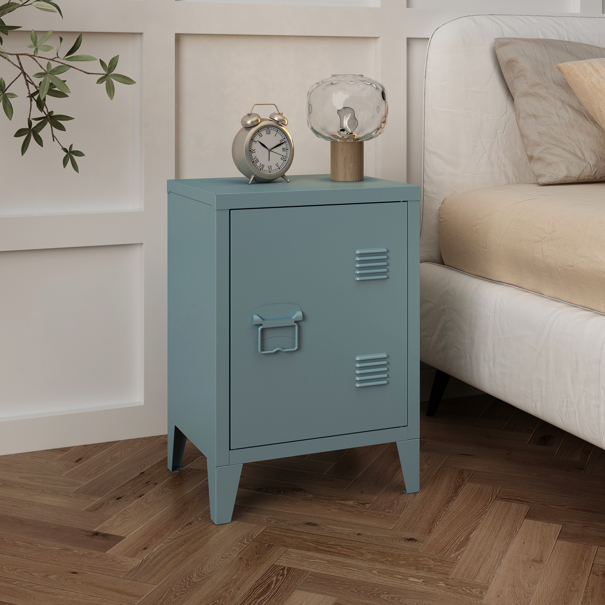 foto del prodotto  en.casa comodino inari in acciaio con anta blu grigiastro