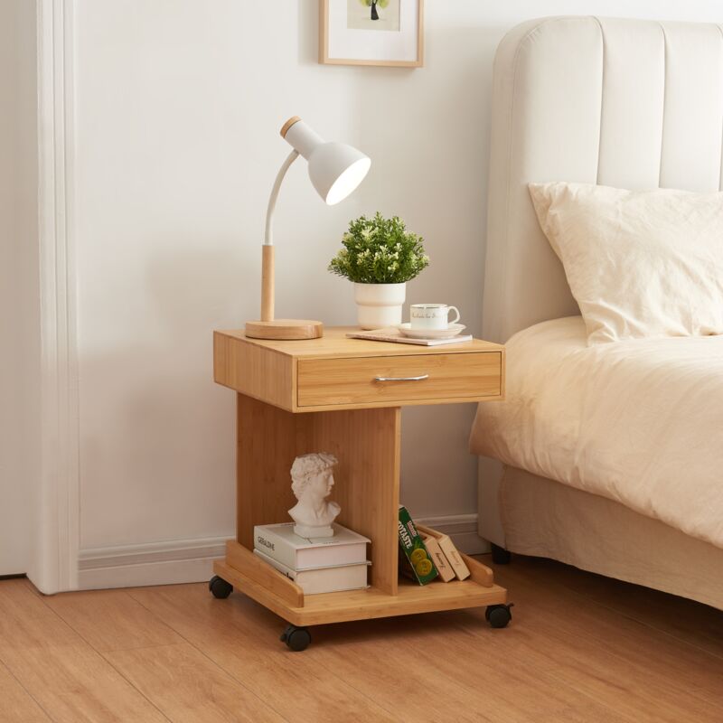foto del prodotto  en.casa comodino jokkmokk a 4 rotelle e cassetto bamb naturale