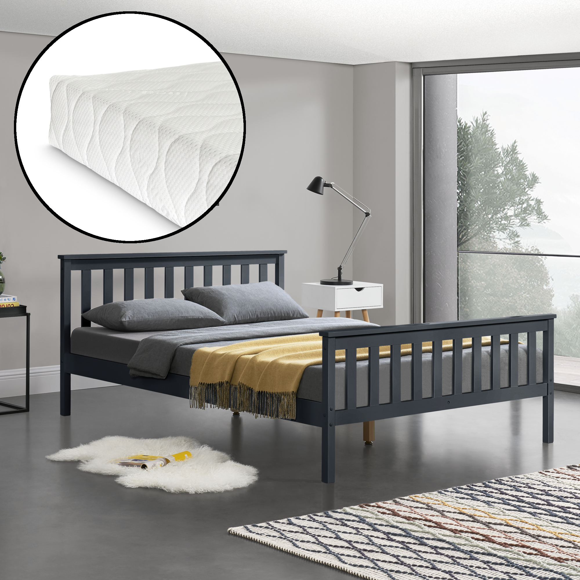 foto del prodotto  en.casa letto in legno di pino con pediera e testiera alta con materasso a schiuma fredda 180 x 200 cm color grigio