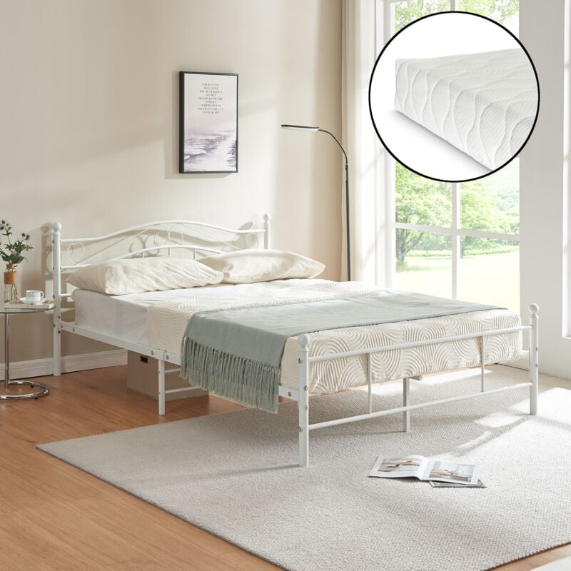 foto del prodotto  en.casa letto matrimoniale florenz in acciaio con testiera decorativa e materasso 160 x 200 cm bianco