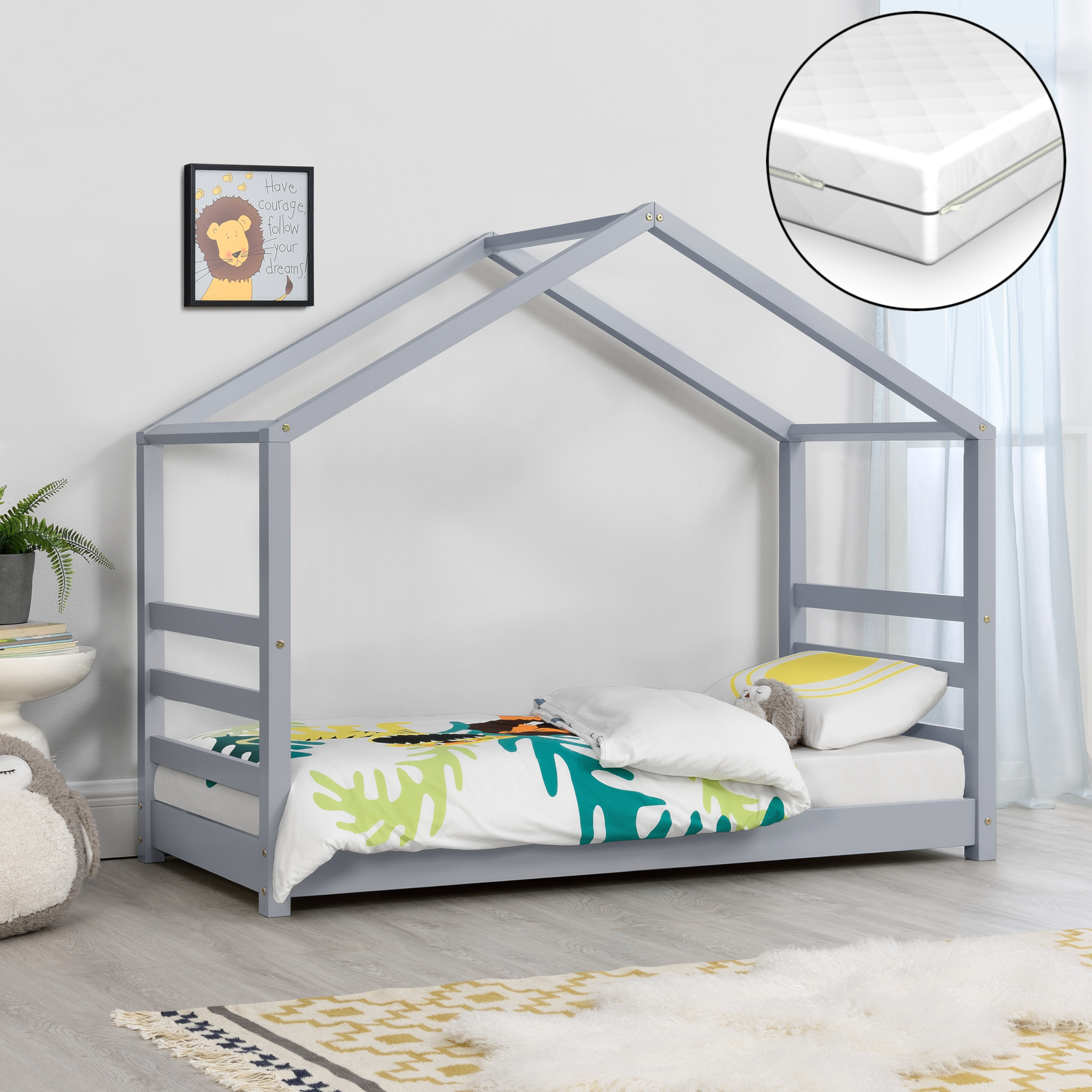 foto del prodotto  en.casa letto per bambino a forma di casetta con materasso ipoallergenico a schiuma fredda 70 x 140 cm letto di design struttura in legno di pino