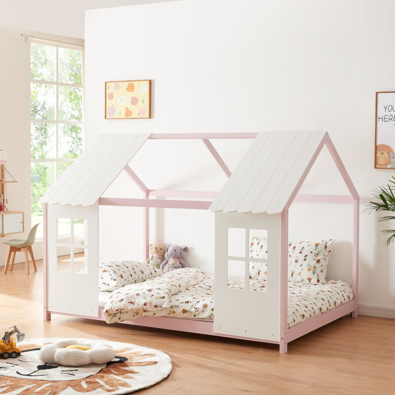 foto del prodotto  en.casa letto tostedt per cameretta a forma di casetta semiaperta 140 x 200 cm rosa bianco