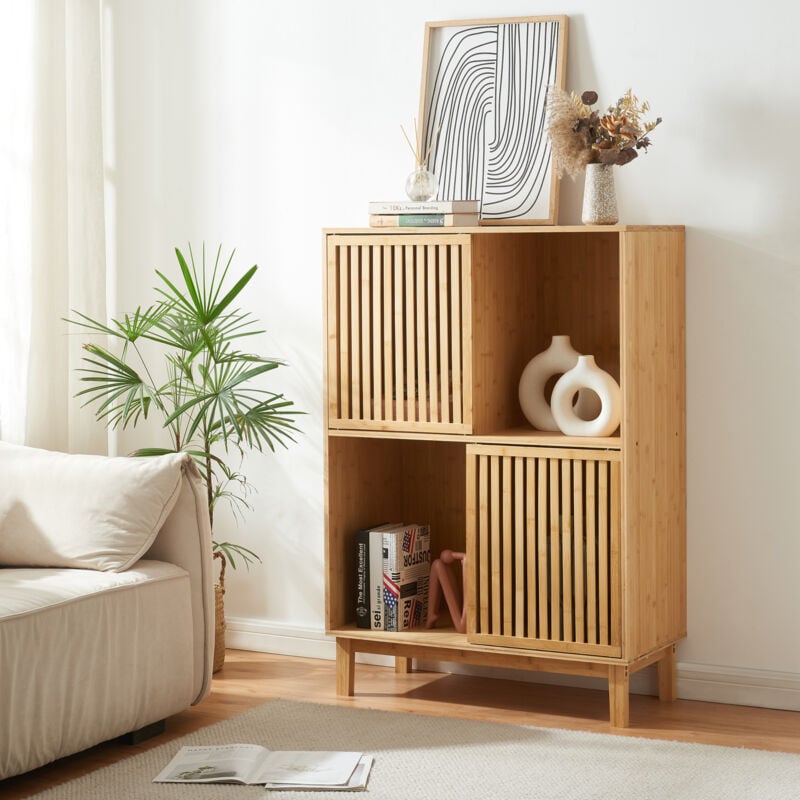 foto del prodotto  en.casa libreria bassa yp j in bamb con sportelli scorrevoli 120x84x39 cm