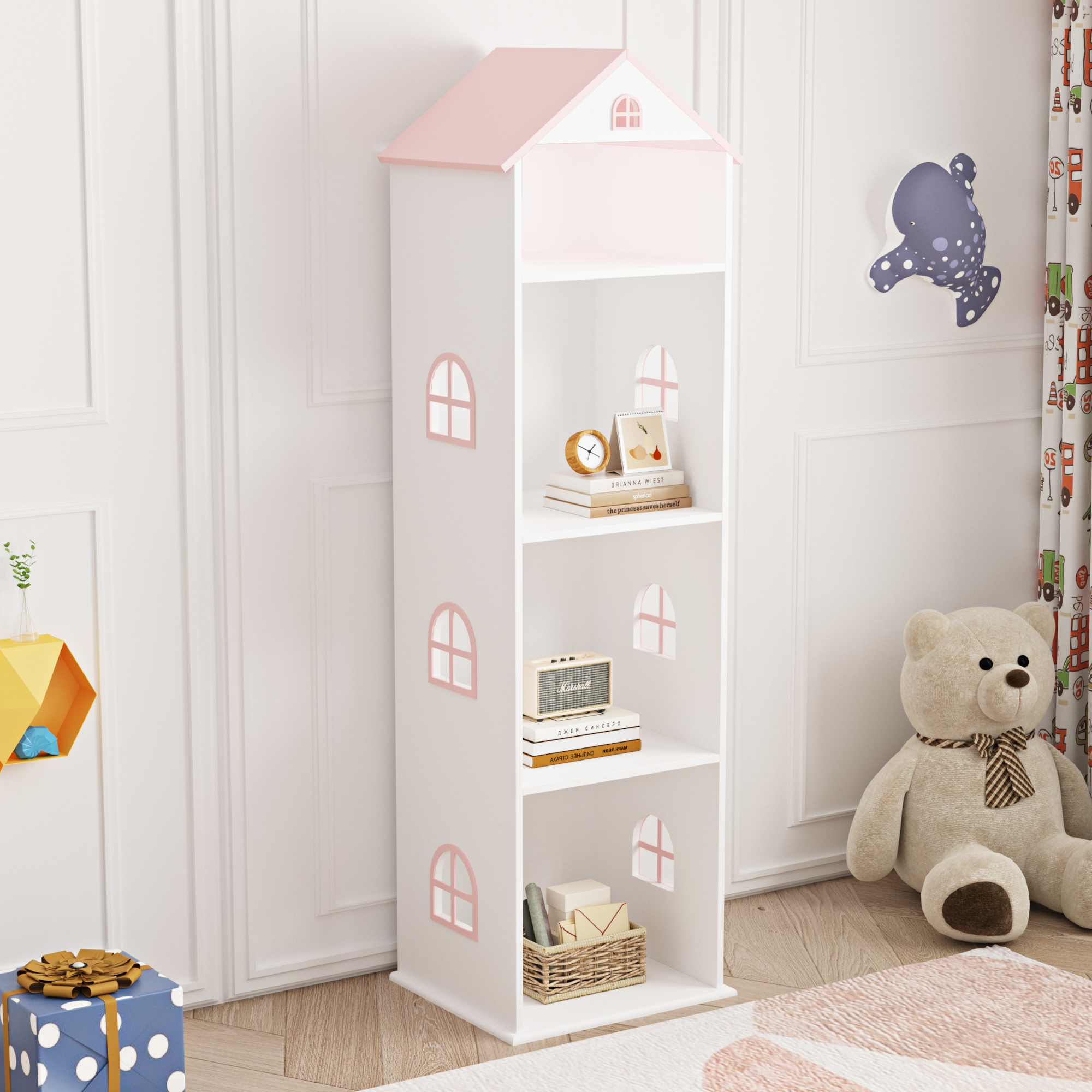 foto del prodotto  en.casa libreria vipsali a forma di casa per cameretta 140 x 40 x 35 cm bianco rosa