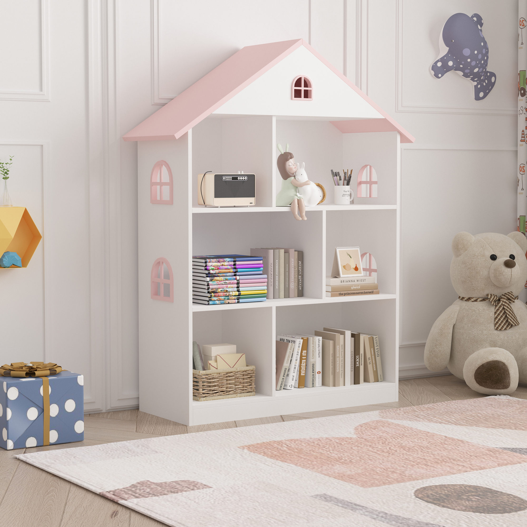 foto del prodotto  en.casa libreria vipsali per cameretta a forma di casa 107 x 83 x 30 cm bianco rosa