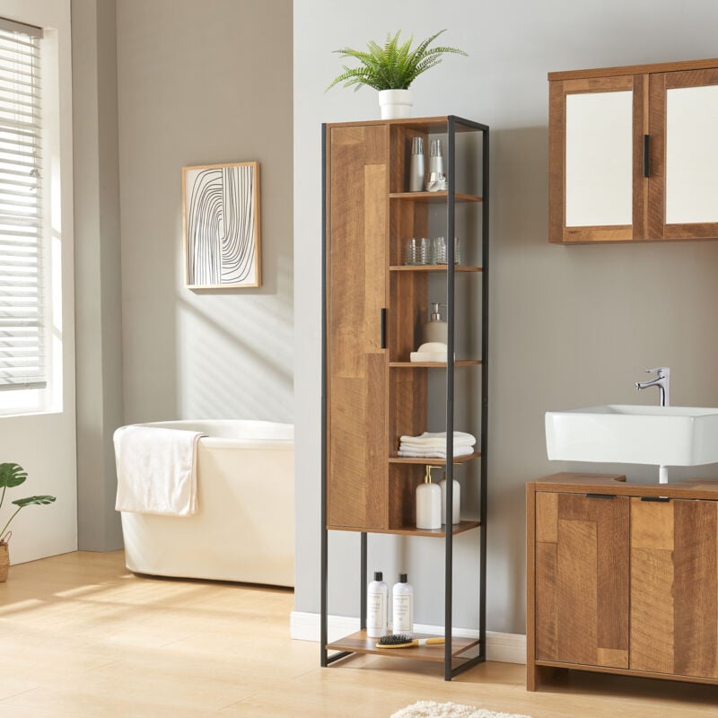foto del prodotto  en.casa mobile a colonna namsskogan per bagno 165 x 42,5 x 30 cm nero effetto legno intarsiato color noce