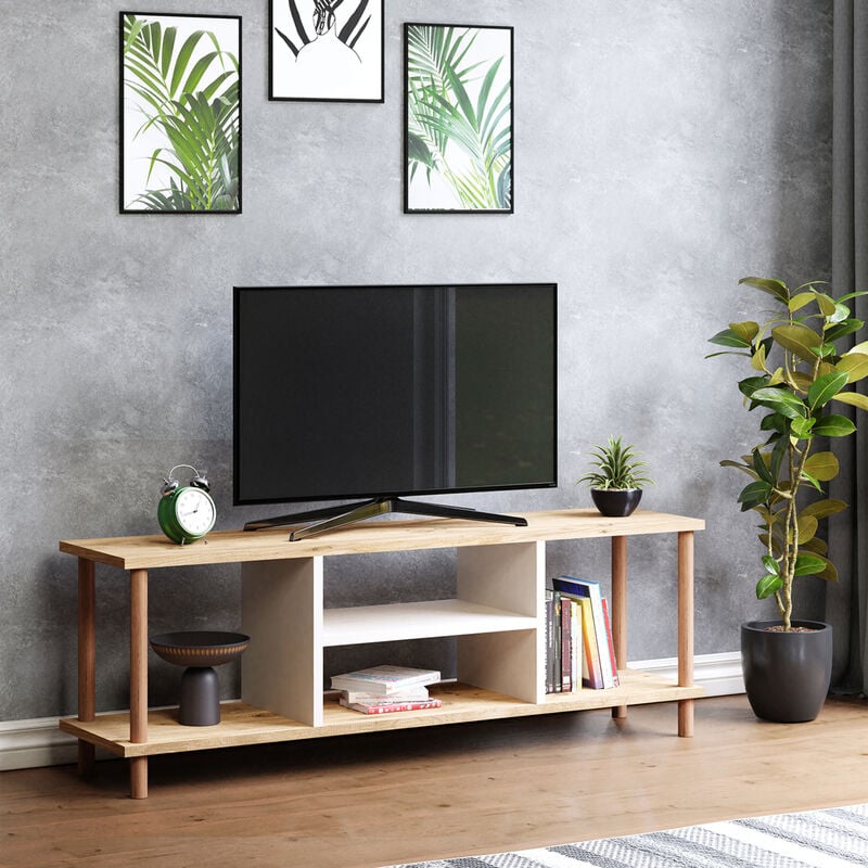 foto del prodotto  en.casa mobile basso porta tv r sk bing con scomparti aperti e gambe di faggio color legno bianco