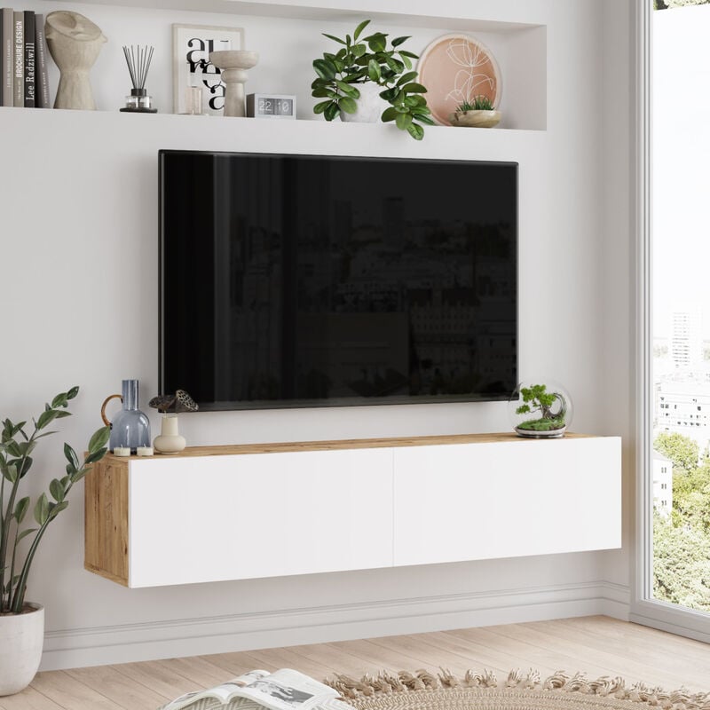 foto del prodotto  en.casa mobile porta tv lapinlahti con 2 ante a ribalta consolle da parete 140 cm rovere rustico bianco