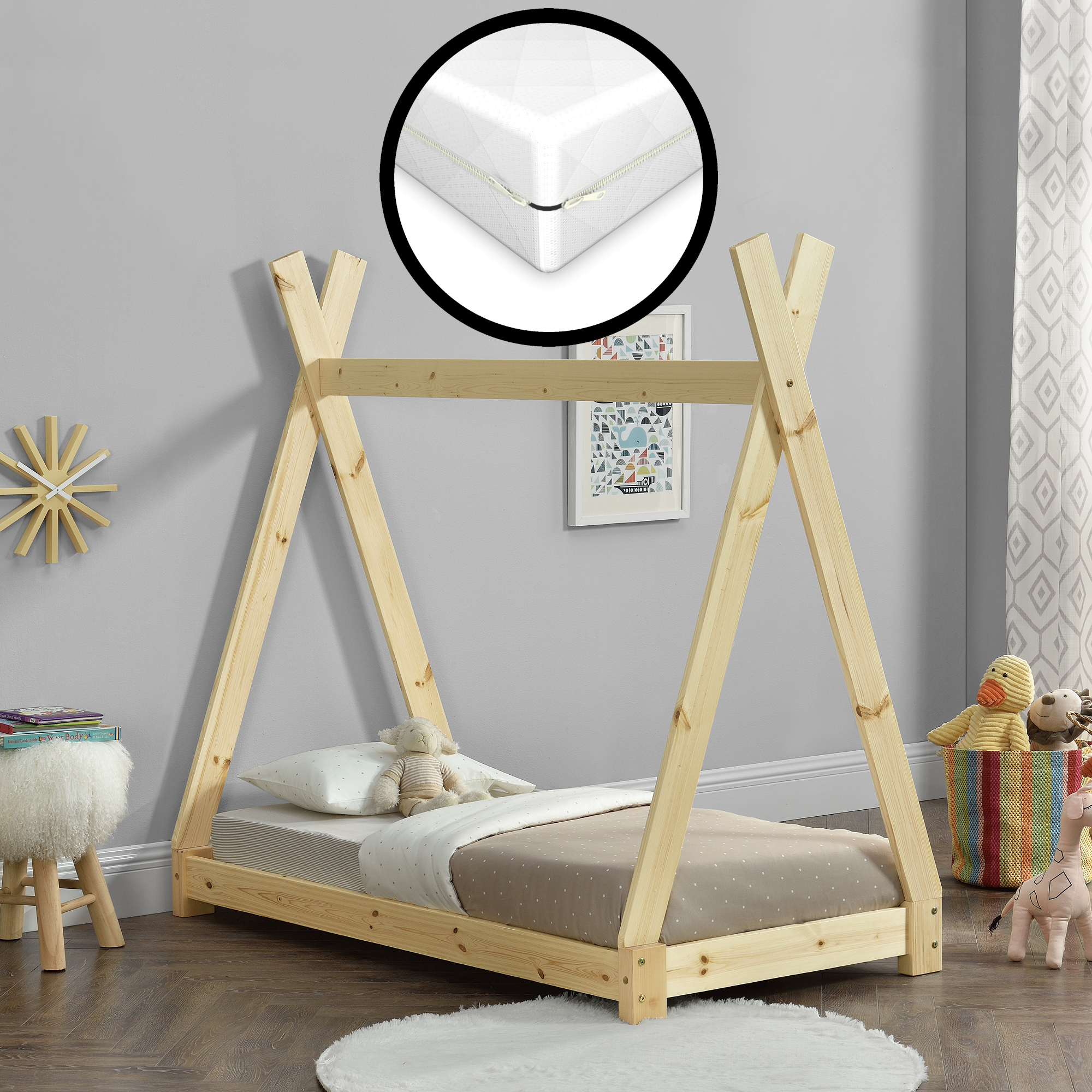 foto del prodotto  en.casa neu.haus letto per bambini con materasso a schiuma fredda 70 x 140 cm fodera rimovibile ko tex standard 100 made in eu legno di pino
