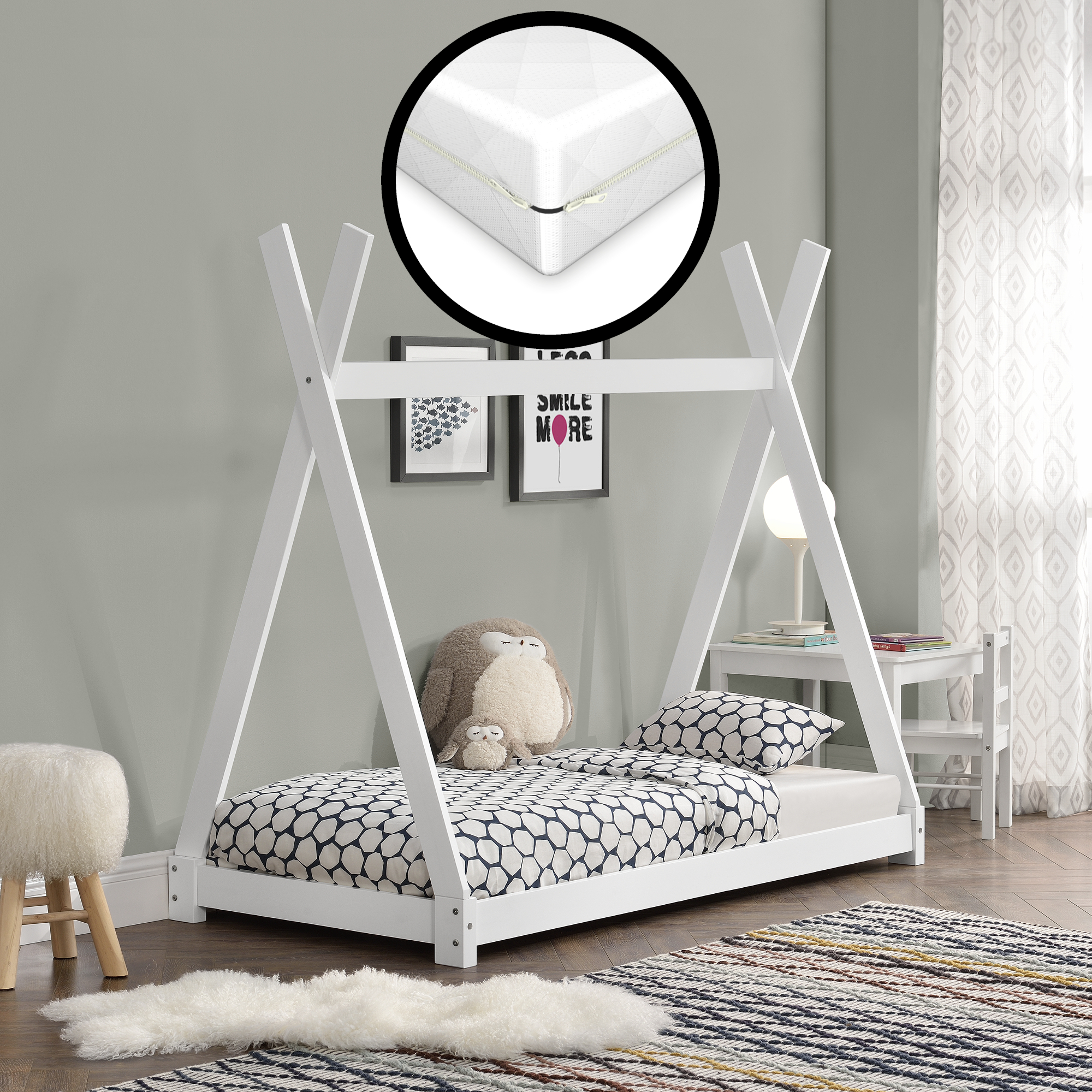 foto del prodotto  en.casa neu.haus letto per bambini con materasso a schiuma fredda 80 x 160 cm fodera rimovibile ko tex standard 100 made in eu bianco
