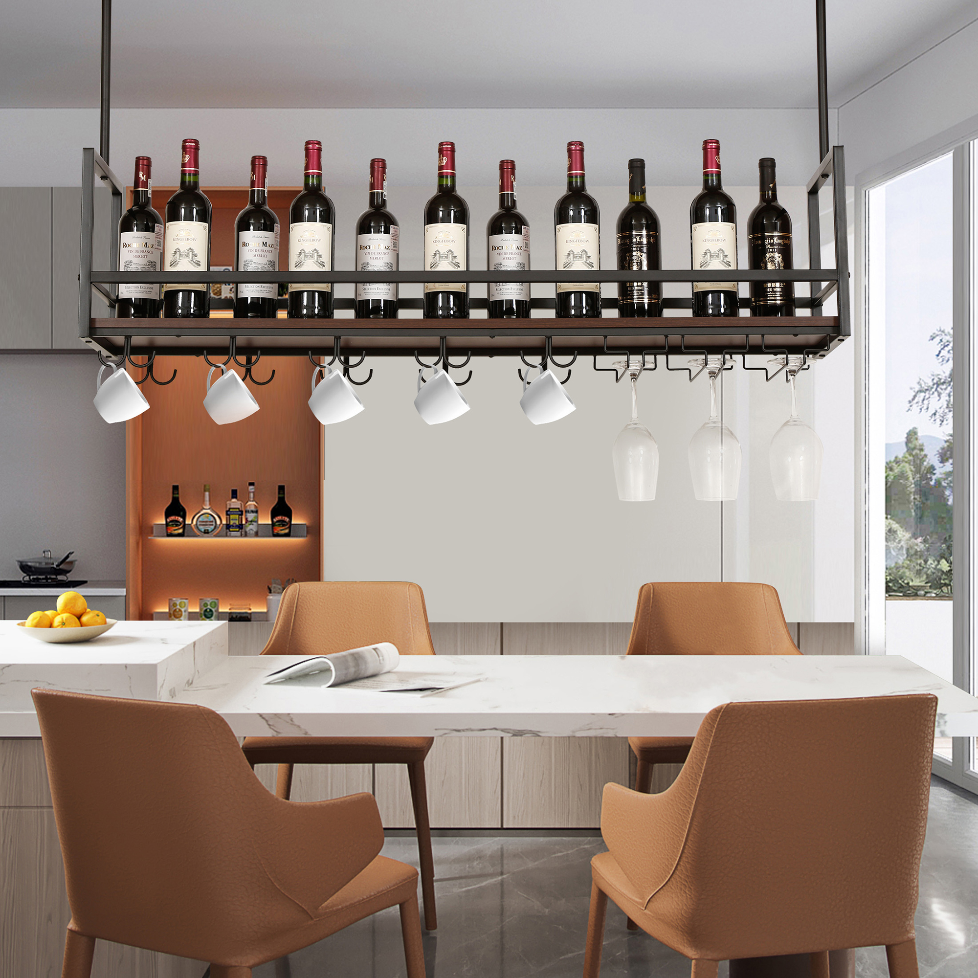 foto del prodotto  en.casa portabottiglie sospeso da soffitto borejle con portacalici e ganci per tazze 120x30x65 cm nero effetto noce