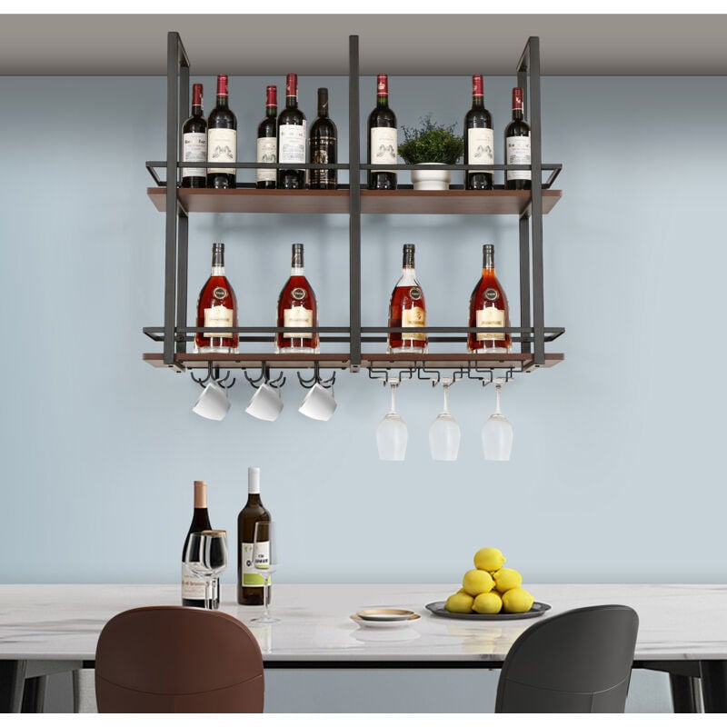 foto del prodotto  en.casa portabottiglie sospeso da soffitto hubro con binari per calici e ganci per tazze 100x30x85 cm nero effetto noce
