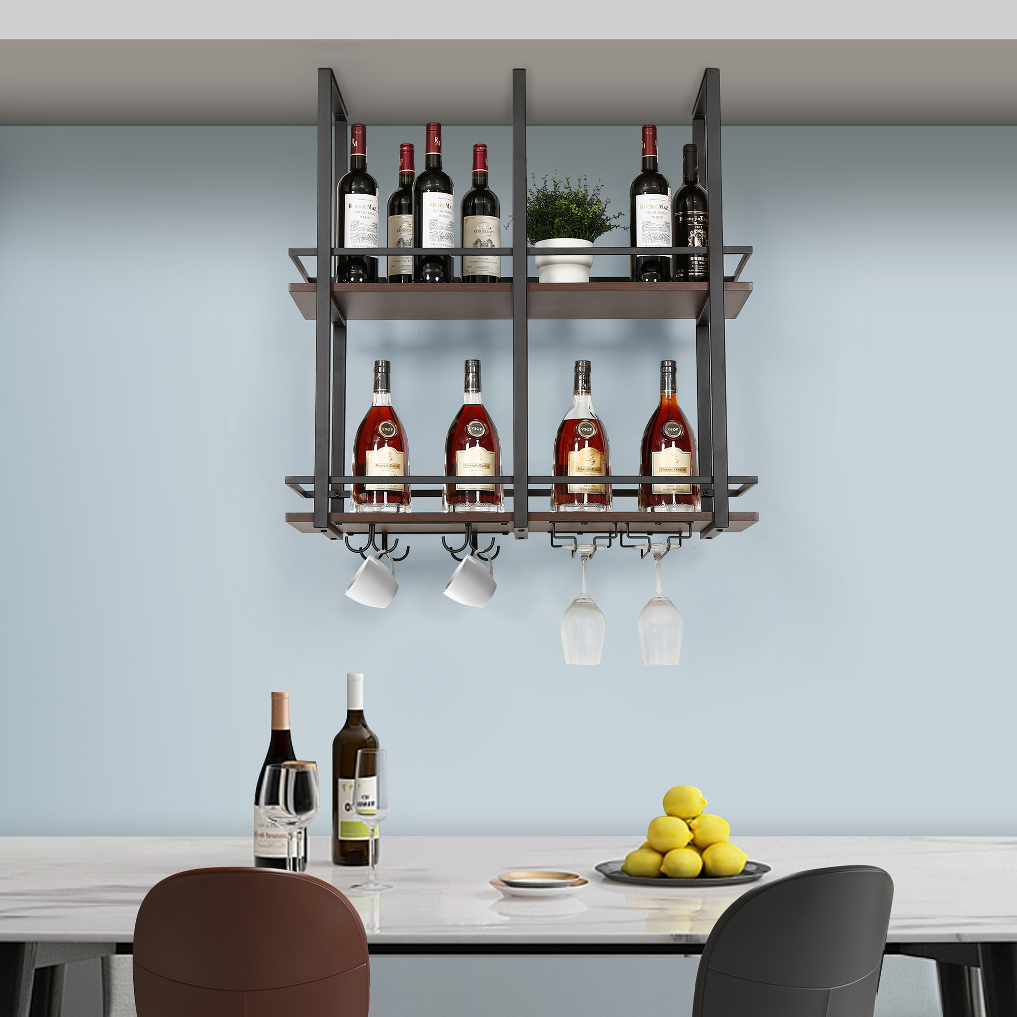 foto del prodotto  en.casa portabottiglie sospeso da soffitto hubro con binari per calici e ganci per tazze 80x30x85 cm nero effetto noce