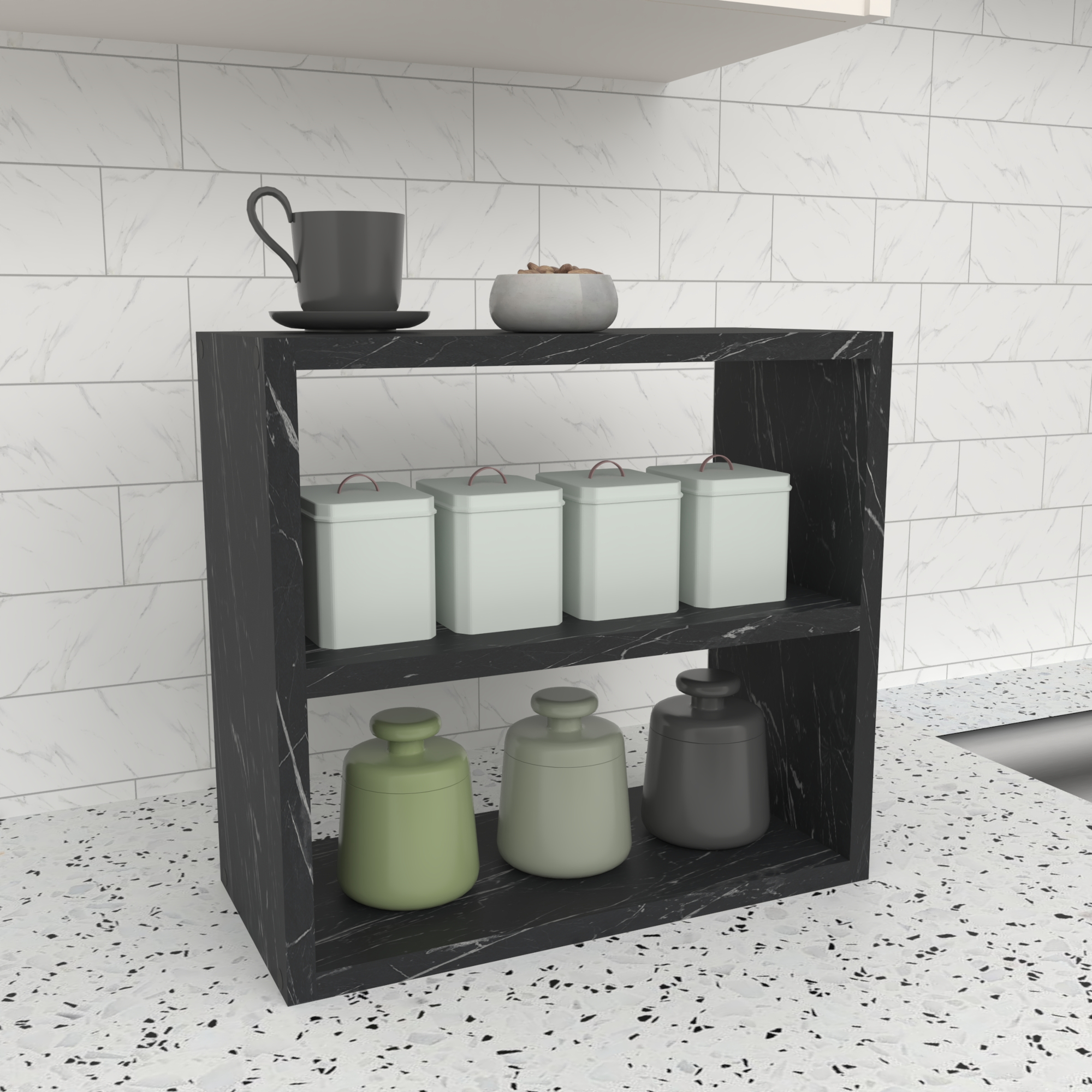 foto del prodotto  en.casa scaffale autoportante hjo portaspezie a 2 ripiani organizzatore per cucina, bagno effetto marmo nero