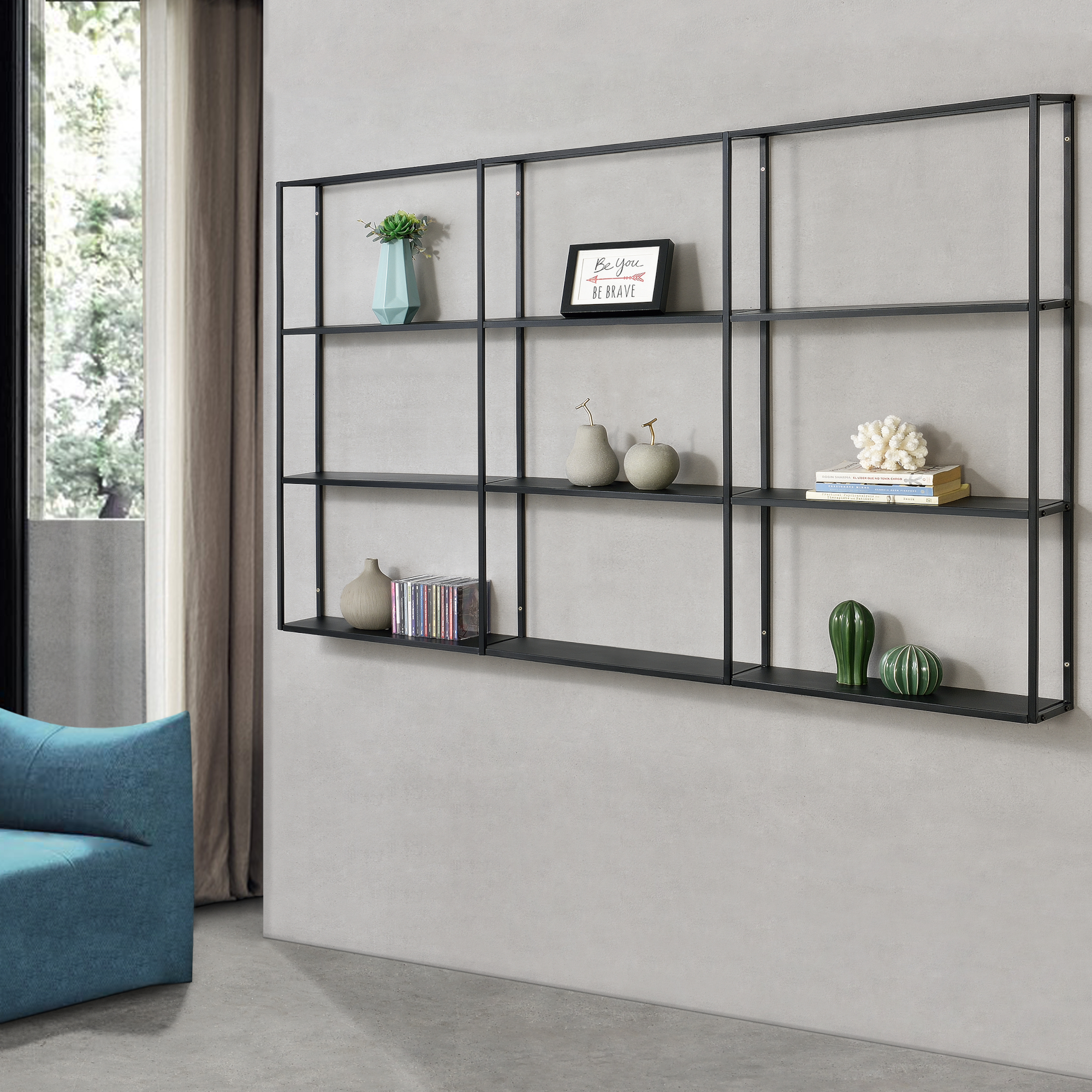 foto del prodotto  en.casa scaffale da parete jelsa in ferro libreria sospesa con 9 scomparti 160x18x110 cm nero