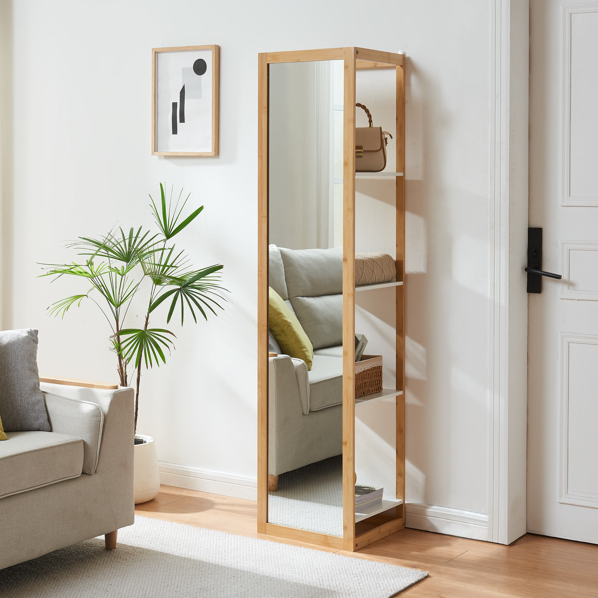 foto del prodotto  en.casa scaffale da terra as con specchio frontale a figura intera 170x40x35 cm naturale bianco