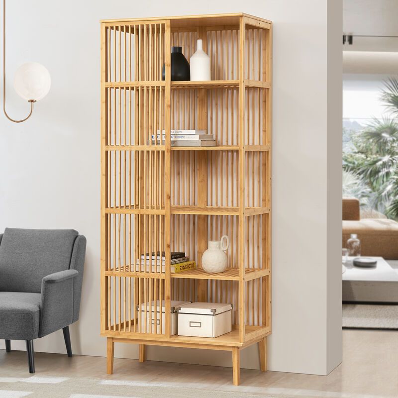 foto del prodotto  en.casa scaffale da terra con 5 scomparti semiaperti a doghe libreria moderna 185 x 80 x 45 cm in bamb color naturale mobile espositore