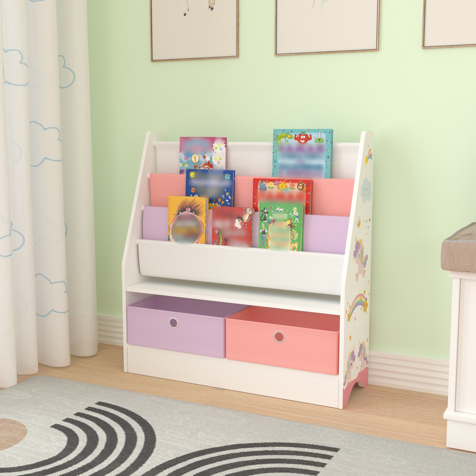 foto del prodotto  en.casa scaffale neda per cameretta con portalibri e scatole pieghevoli design unicorno