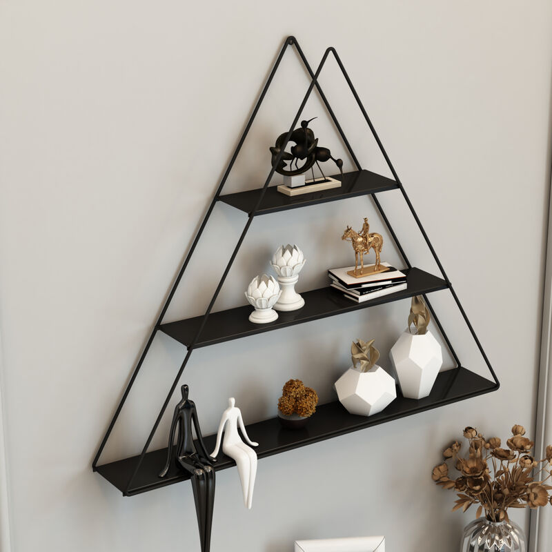 foto del prodotto  en.casa scaffale pensile a forma di piramide consolle triangolare a muro con 3 ripiani mensola da parete in metallo 59 x 70 x 9 cm nero