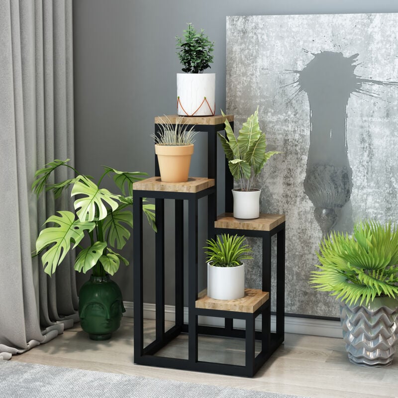foto del prodotto  en.casa scaffale portapiante ameland mobile espositore con 4 ripiani color legno in altezze diverse portafiori portapiante in metallo nero