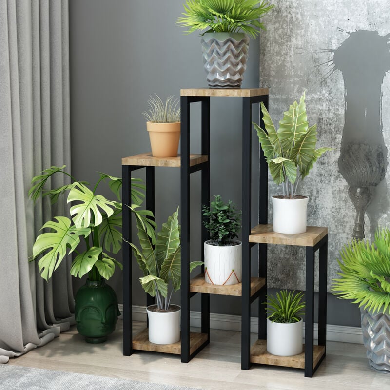foto del prodotto  en.casa scaffale portapiante rosenholm mobile espositore a 6 ripiani color legno in altezze diverse portafiori portapiante in metallo nero