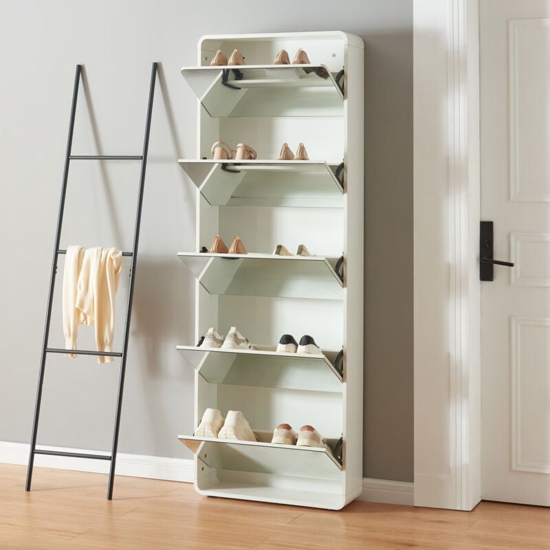 foto del prodotto  en.casa scarpiera aure con ante a specchio e 5 contenitori ribaltabili 180 x 63 x 24 cm bianco