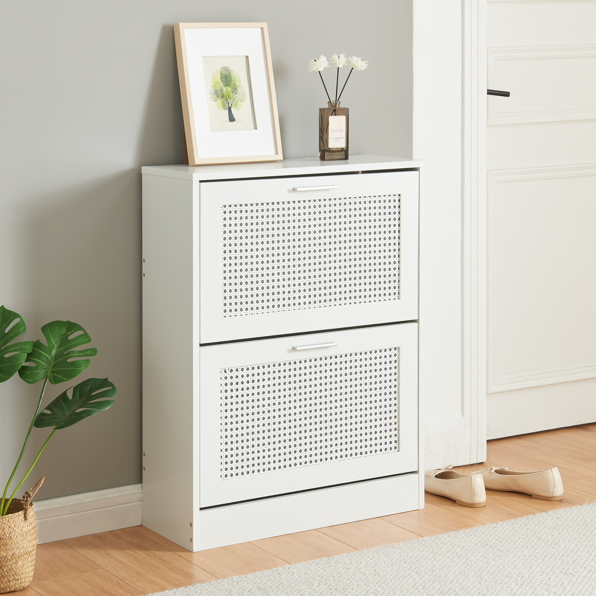 foto del prodotto  en.casa scarpiera vesilahti a 2 contenitori ribaltabili 80 x 60 x 24 cm effetto rattan bianco