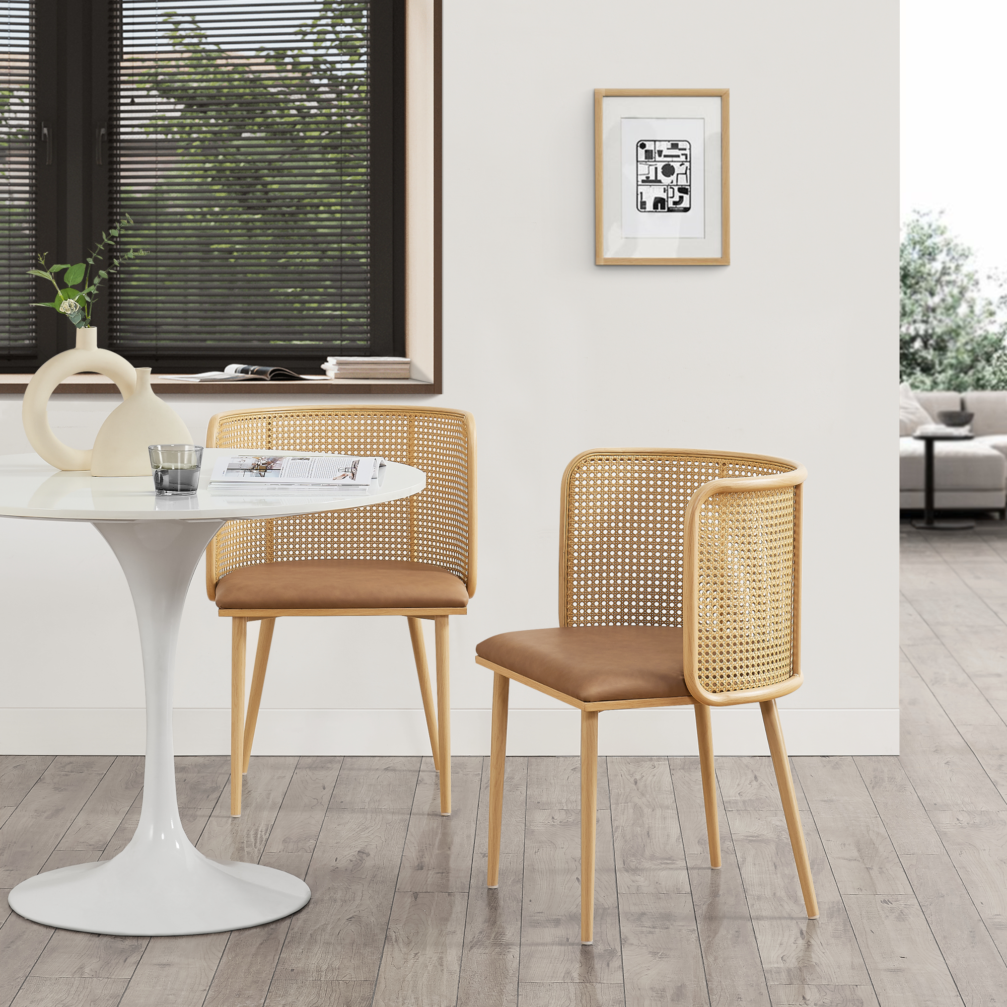 foto del prodotto  en.casa set di 2 sedie flen sedute in similpelle schienale in rattan marrone effetto legno