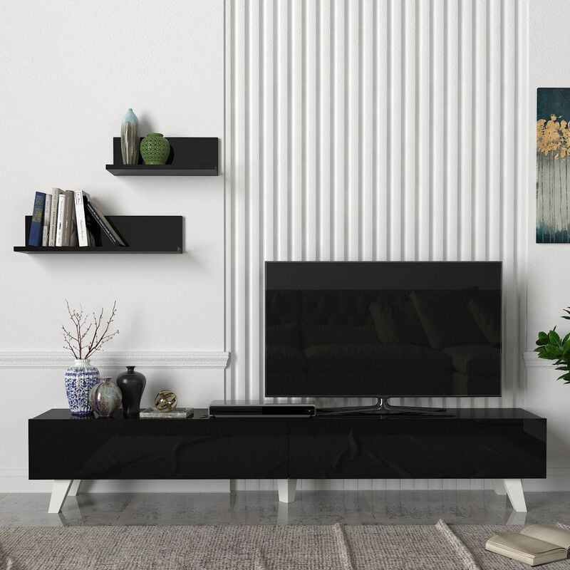 foto del prodotto  en.casa set di mobile tv e 2 mensole da muro armadietto porta tv 180 cm con 2 ante a ribalta e mensole a forma di l lunghezze diverse nero