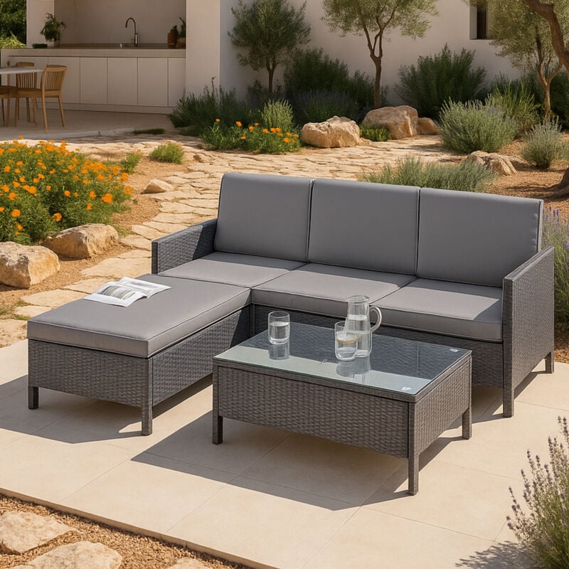 foto del prodotto  en.casa set di mobili da giardino fino a 4 posti di seduta arredo esterno in polyrattan set composto di 1 divano e 1 sedile con cuscini e 1