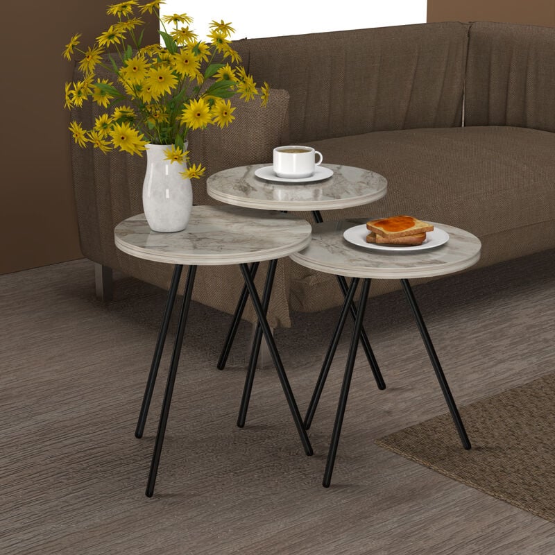foto del prodotto  en.casa set lgod di 3 tavolini bassi da salotto in altezze diverse 3 tavolini in stile treppiede con piani rotondi marmo bianco