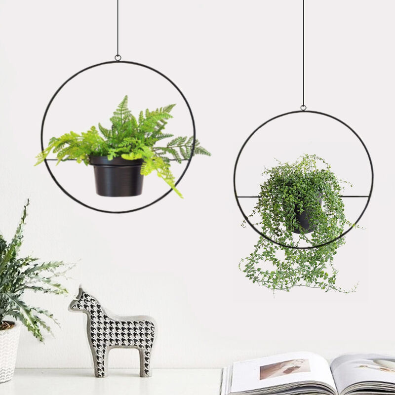 foto del prodotto [en.casa] - set 'opsterland' di 2 fioriere sospese 2 supporti a forma di cerchio per pianta appesa set portavasi pensili in metallo da misure diverse - nero