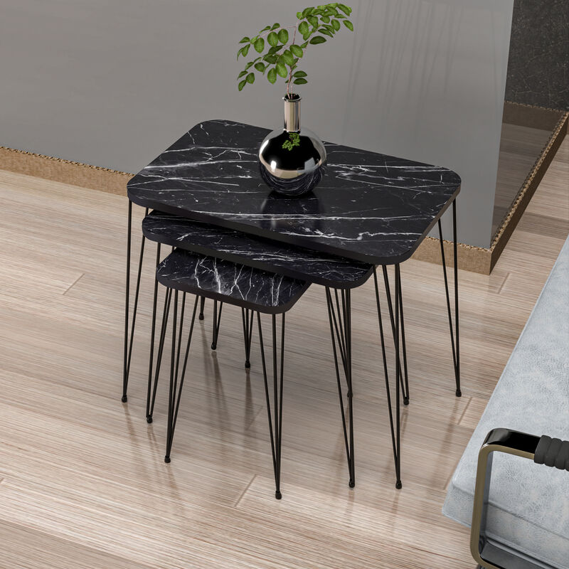 foto del prodotto  en.casa set rudk bing 3 tavolini sovrapponibili gambe a forcina e piano quadrato effetto marmo nero