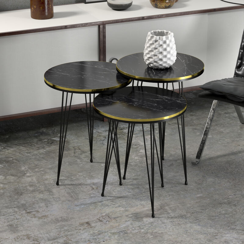 foto del prodotto  en.casa set ryslinge di 3 tavolini da salotto tavolini bassi a treppiede in altezze diverse gambe a forcina e piani rotondi 36 cm marmo