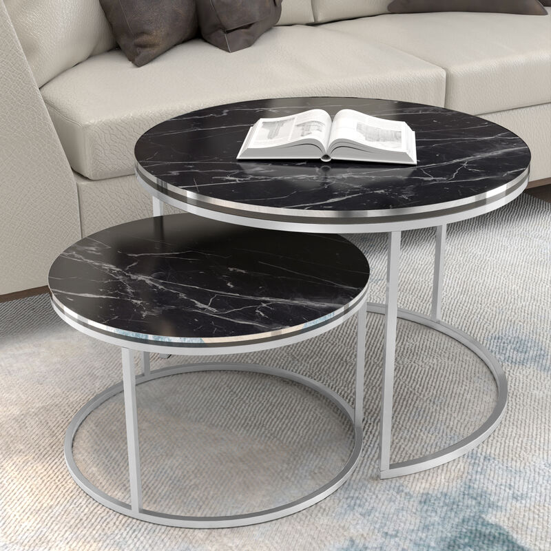 foto del prodotto  en.casa set skagen 2 tavolini sovrapponibili con piani rotondi e telaio in metallo effetto marmo nero argentato