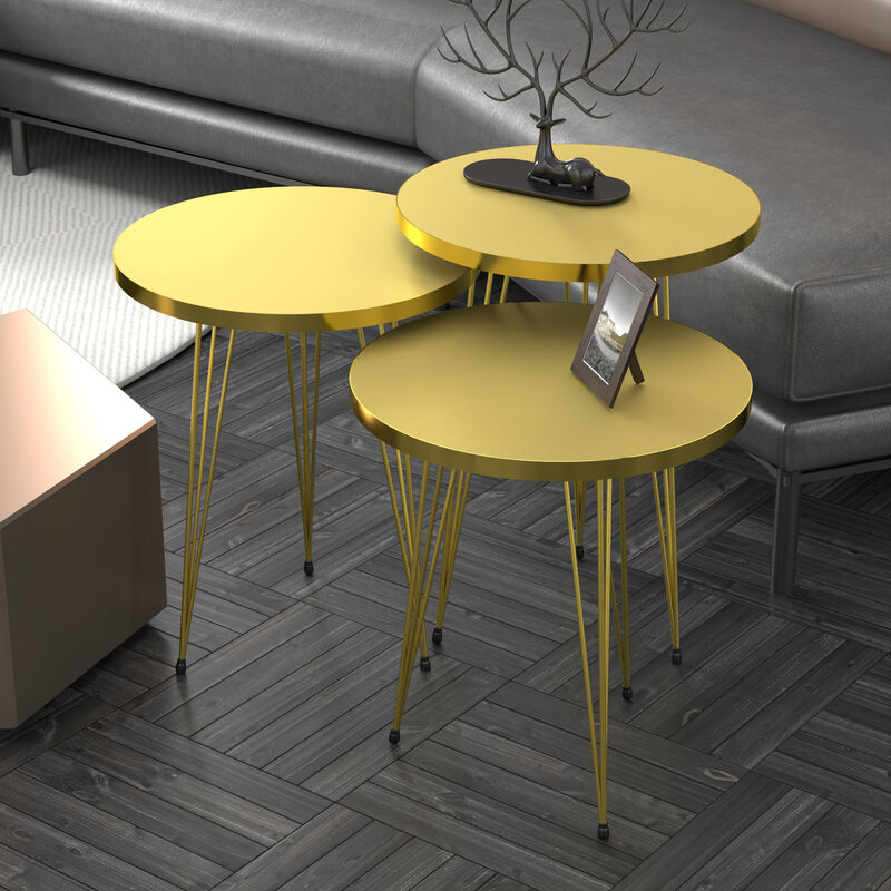 foto del prodotto  en.casa set skibby di 3 tavolini da salotto tavolini bassi a treppiede in altezze diverse gambe a forcina e piani rotondi 38 cm color oro