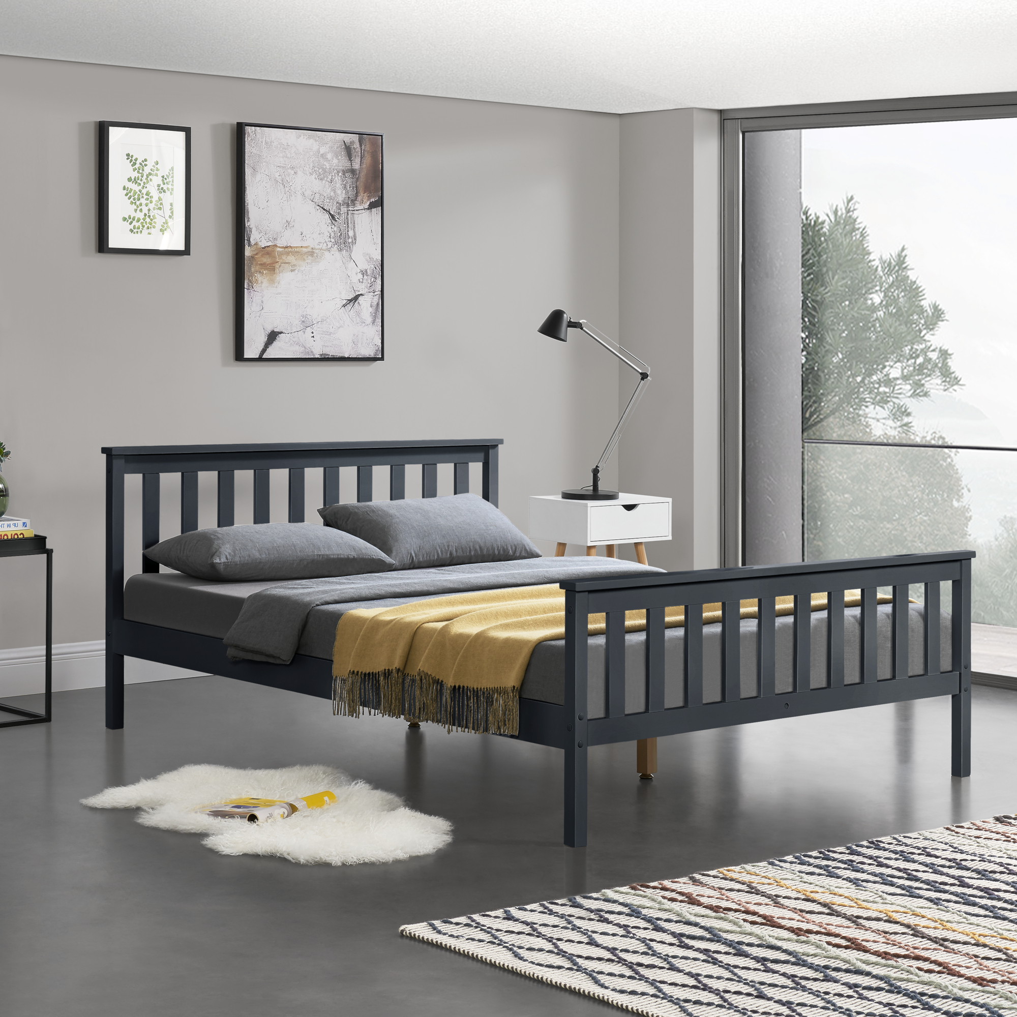 foto del prodotto  en.casa struttura letto matrimoniale in legno con testiera e pediera a griglia 180x200 cm grigio scuro