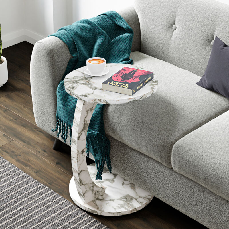 foto del prodotto  en.casa tavolino da divano holeby con rotelle e piano rotondo effetto marmo bianco crema