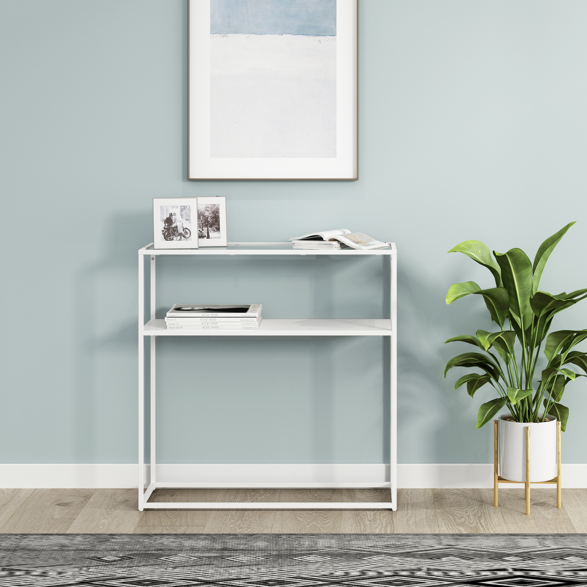 foto del prodotto  en.casa tavolo a consolle kuhmo in metallo 80 x 80 x 30 cm 2 piani di appoggio vetro bianco