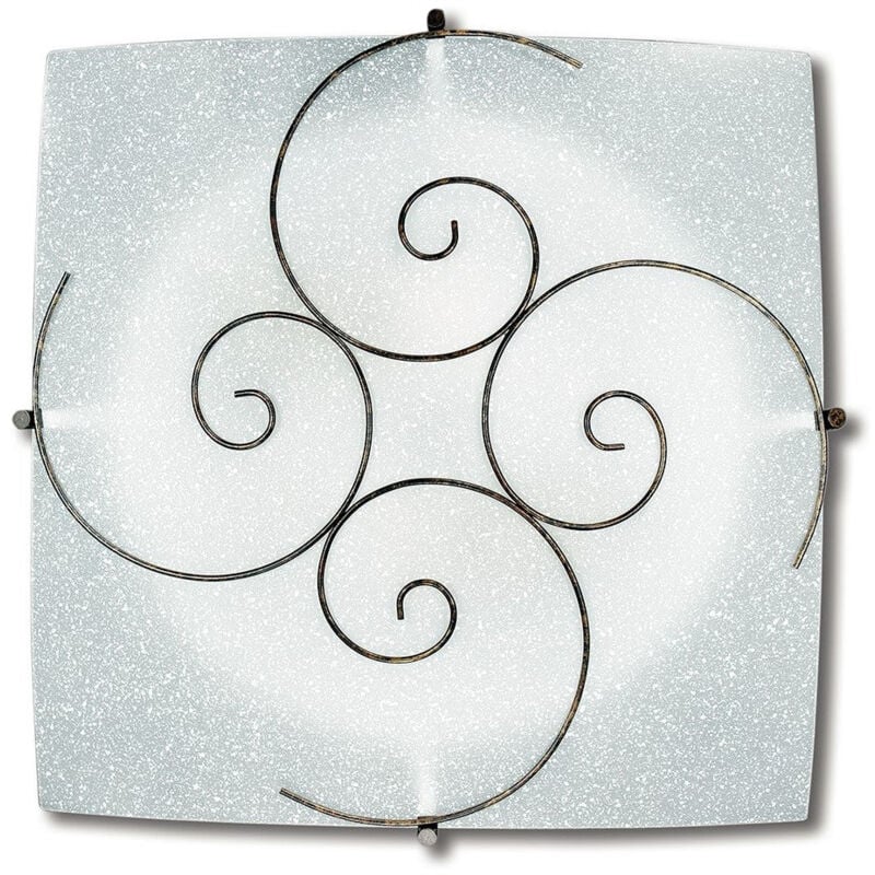 foto del prodotto  plafoniera ricciolo in vetro bianco con decoro in metallo ruggine 30x30 cm. 