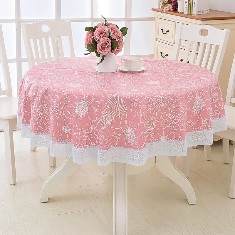 foto del prodotto  rosa, 152 cm tovaglia rotonda in tela cerata in pvc con motivo floreale e pizzo, impermeabile e antimacchia, adatta per ristoranti, giardini, bar,